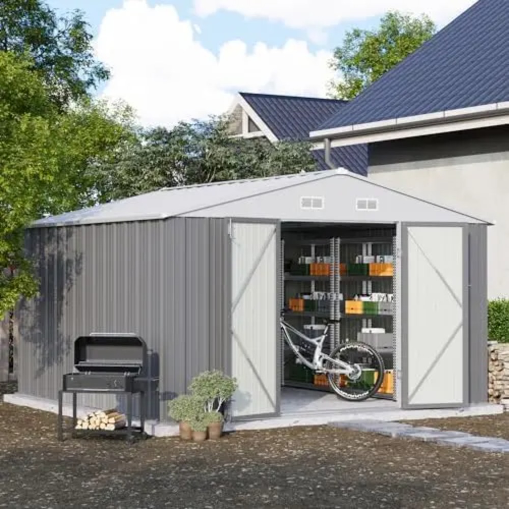 Gardening Tools In - 10x10 FT Metal Storage Shed, Brown